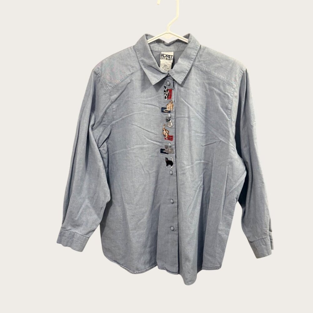 Koret City Blues Womens Button Up Light Blue Shirt Cute Cat Embroidery Size 18S